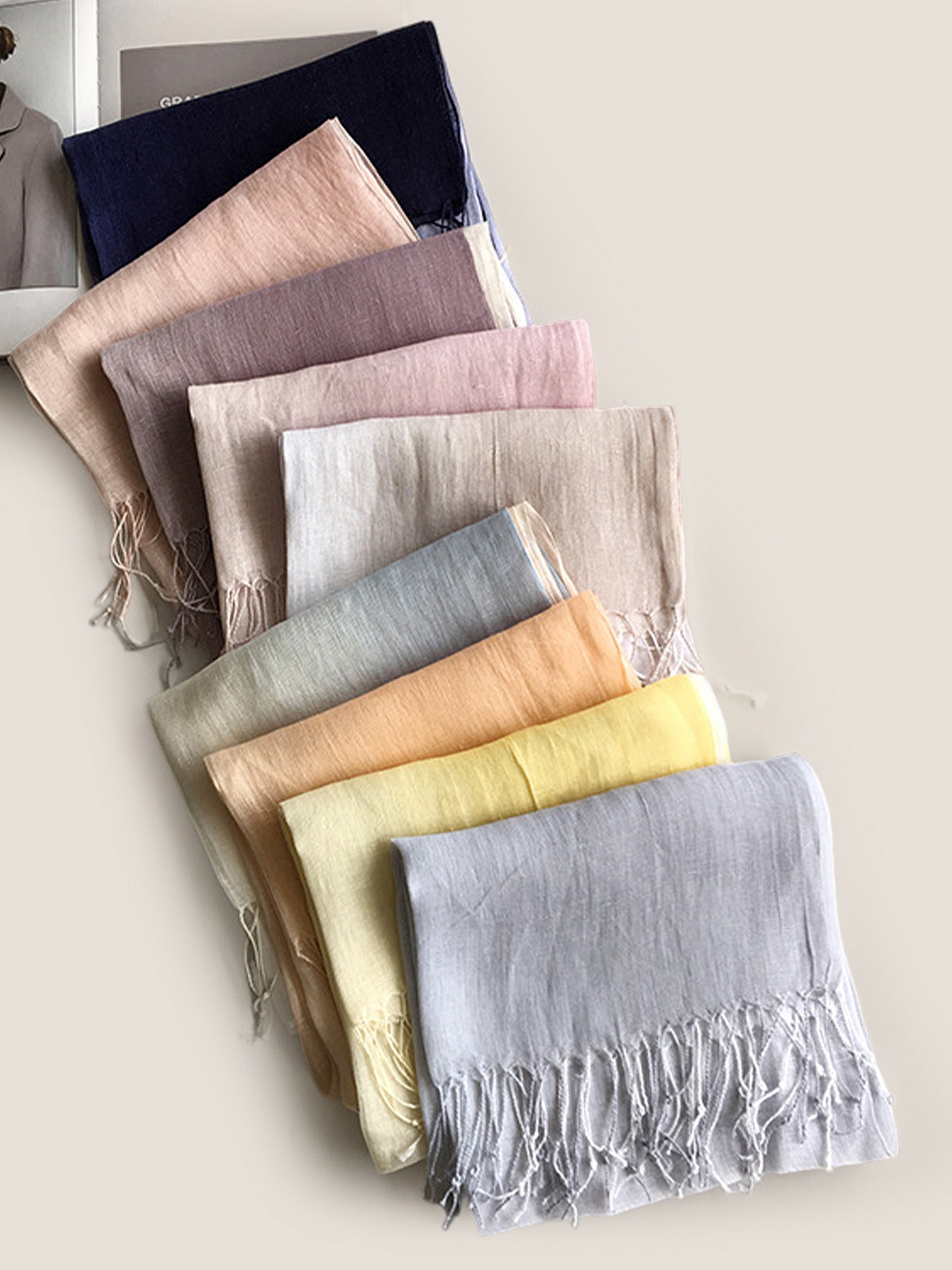 100% Linen Gradient Fringed Light Scarf by LINTICO for women
