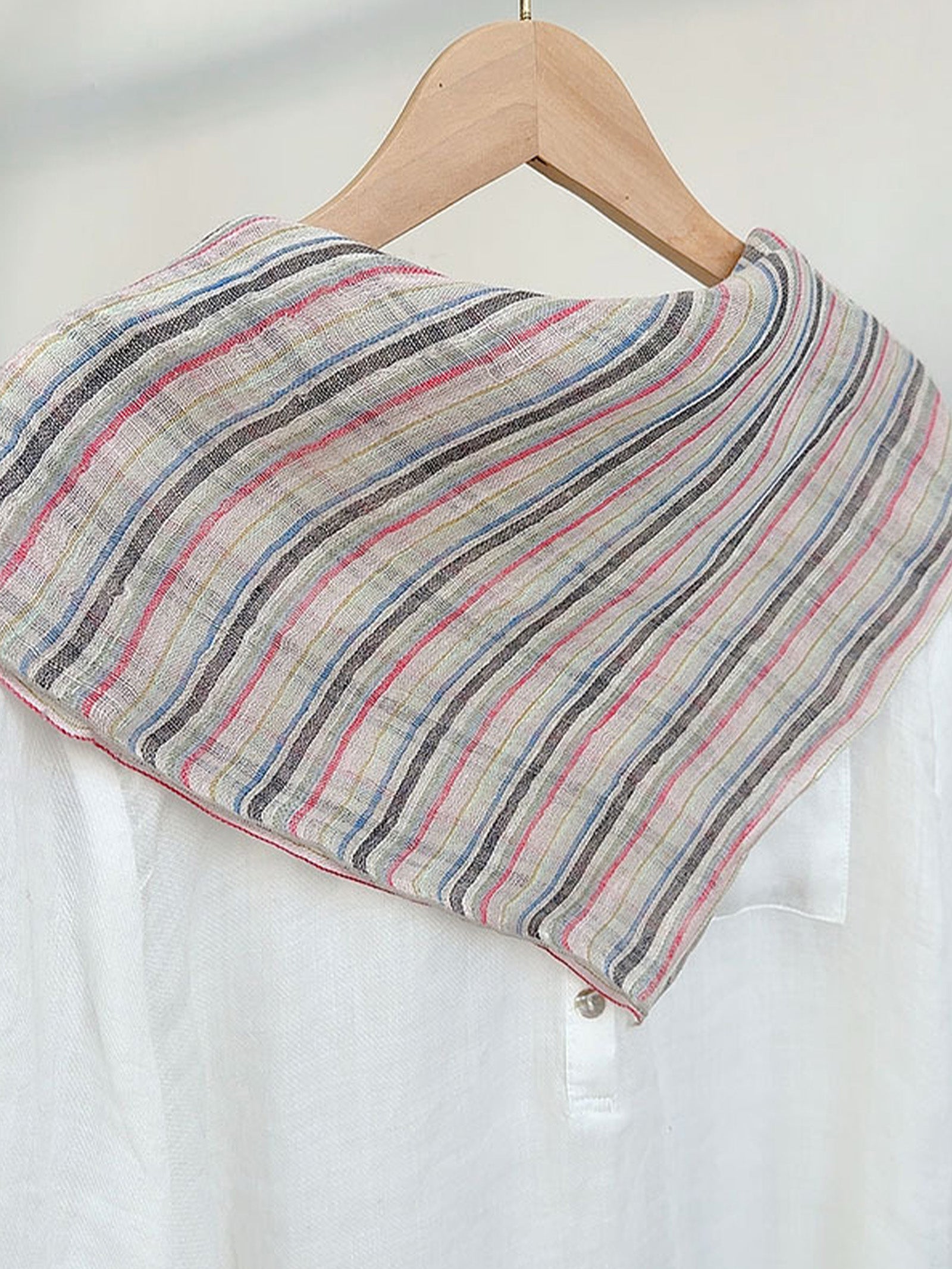 100% Linen Striped Woven Light Square Scarf by LINTICO for women