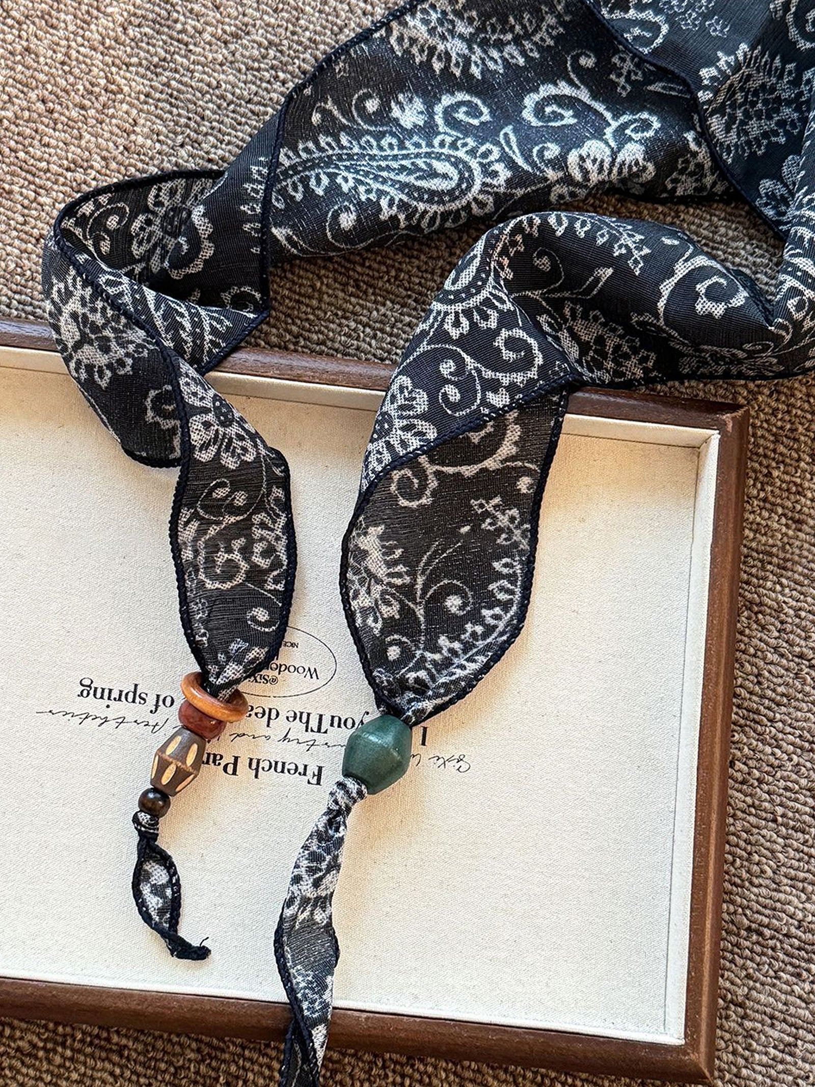 Multi-Functional Floral Satin Scarf With Jade Bead Accents by LINTICO for women