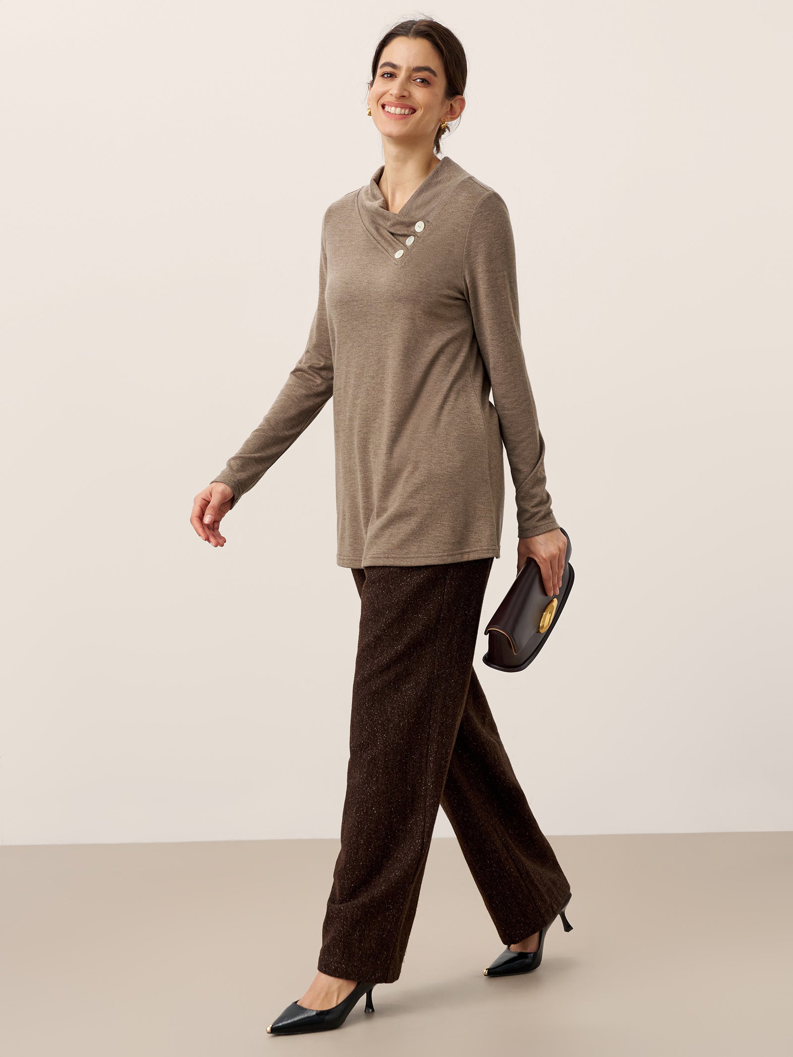 Cashmere Asymmetric Cowl Neck Stretch Top TATIANA