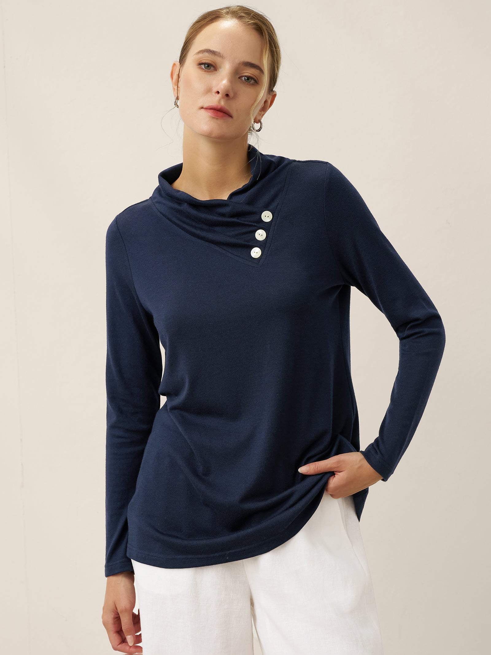 Cashmere Asymmetric Cowl Neck Stretch Top TATIANA by LINTICO for women