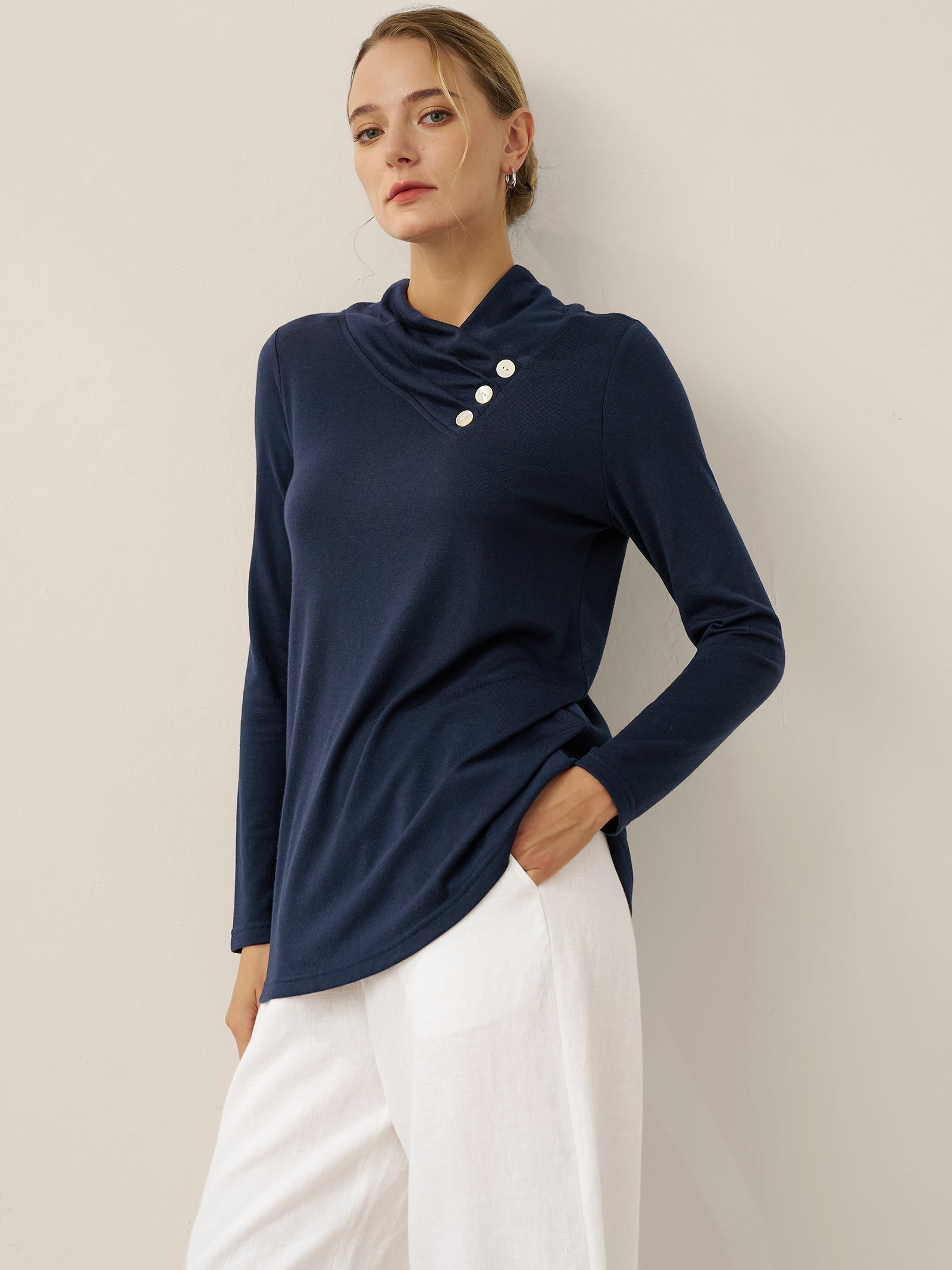 Cashmere Asymmetric Cowl Neck Stretch Top TATIANA by LINTICO for women