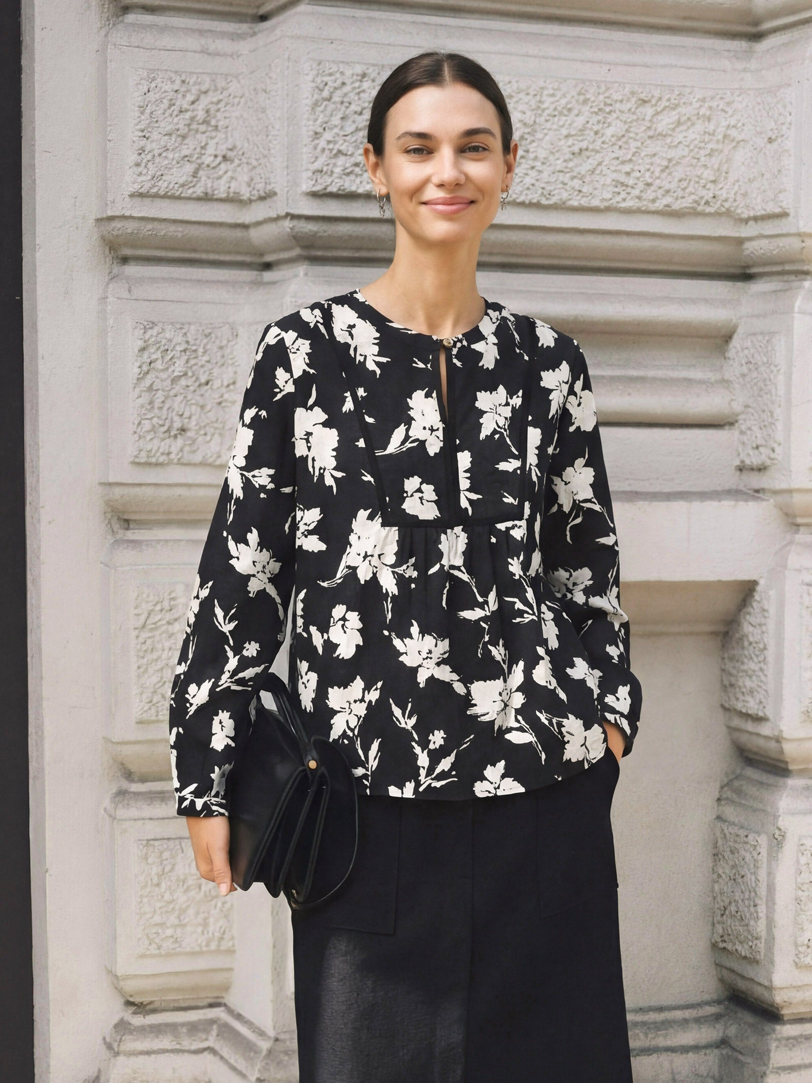 100% Linen Floral Printed Gathered Pullover Top AMIYA by LINTICO for women