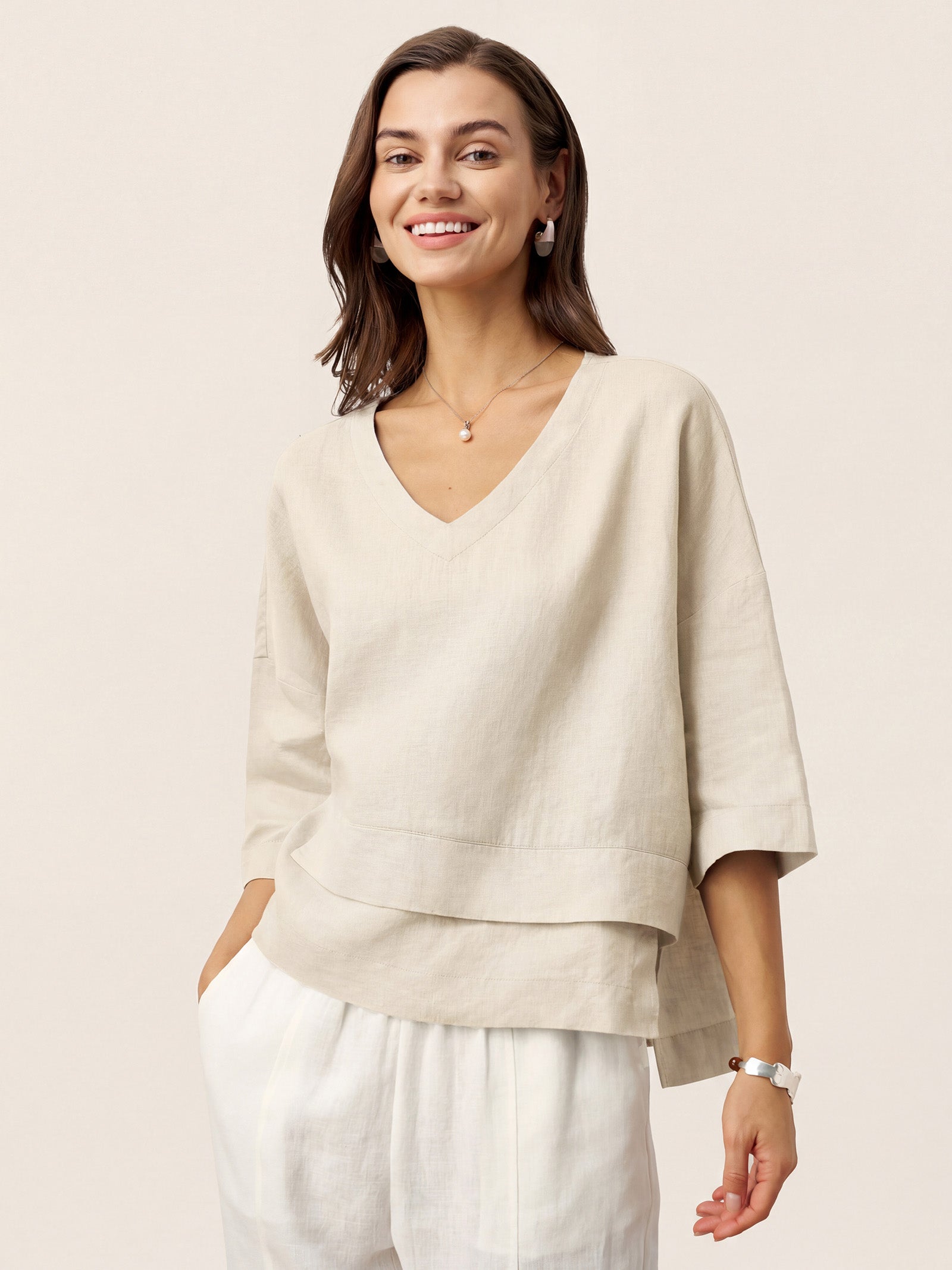 100% Linen Drop Shoulder Asymmetric Layered Hem Overtop VIOLA