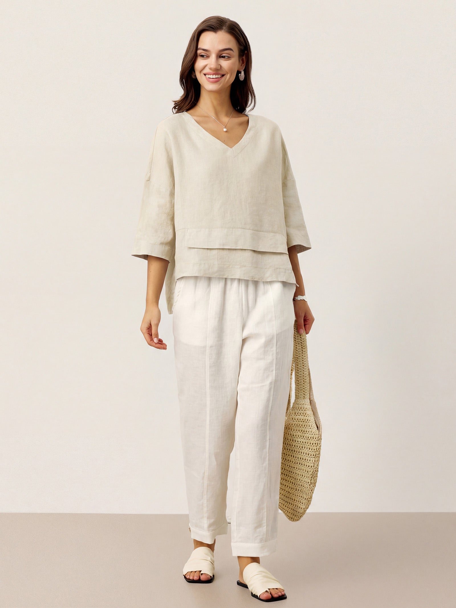 100% Linen Drop Shoulder Asymmetric Layered Hem Overtop VIOLA