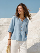 100% Linen Split Neck Inverted Pleat Top TABITHA by LINTICO for women