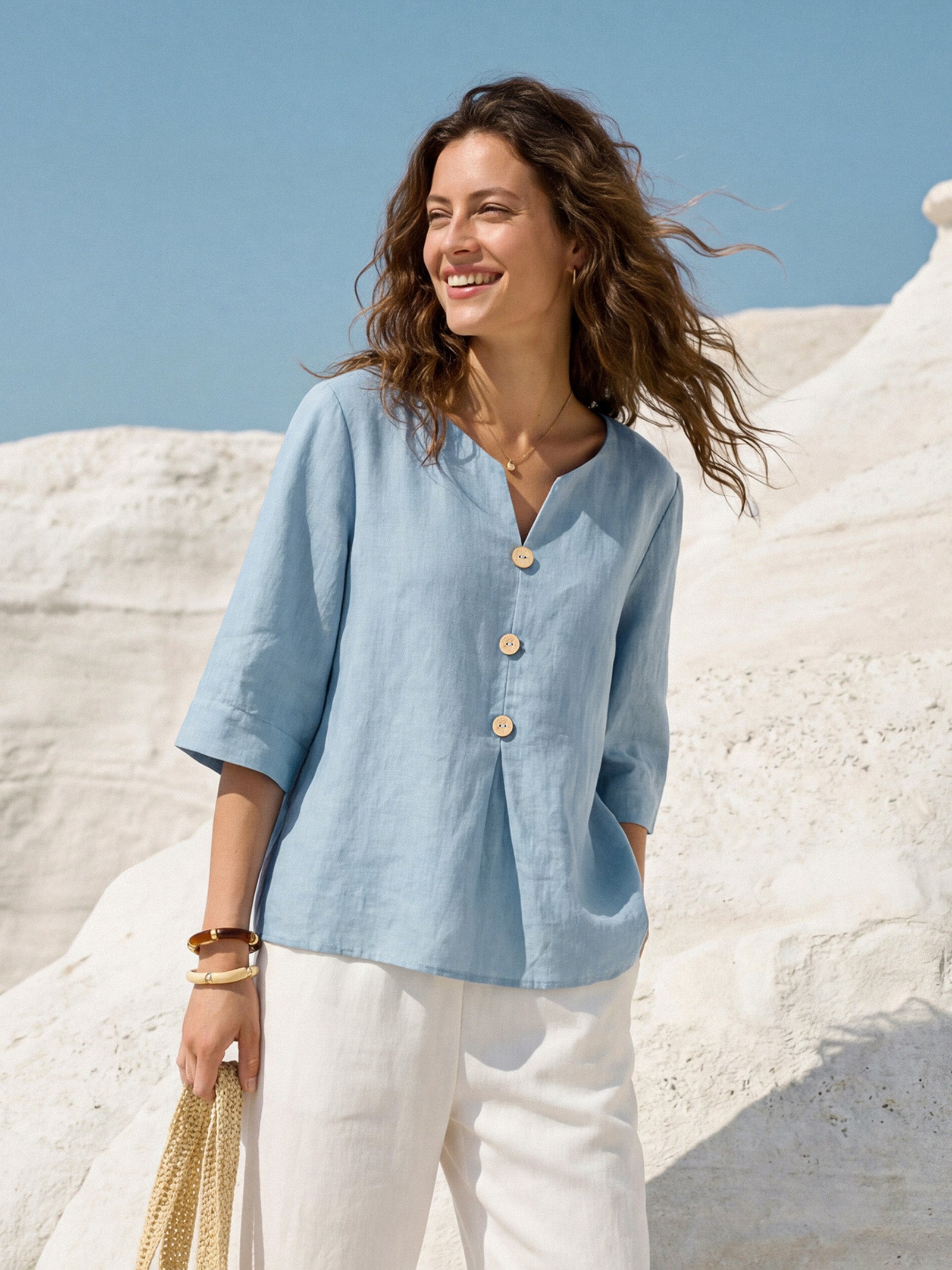 100% Linen Split Neck Inverted Pleat Top TABITHA by LINTICO for women