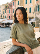 100% Linen Drop Shoulder Split-Back Double Shirred Hem Top LINDSEY by LINTICO for women