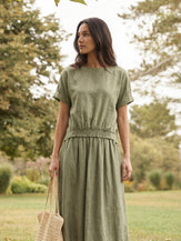 100% Linen Drop Shoulder Split-Back Double Shirred Hem Top LINDSEY by LINTICO for women