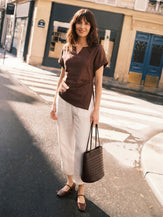100% Linen Asymmetric Hem Side Gathered Split-Neck Top MINERVA by LINTICO for women