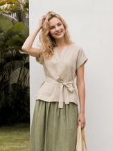 100% Linen Plaid Detachable Tie-Belt Split-Neck Top LEXIE by LINTICO for women