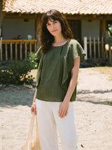 100% Linen Flutter Sleeve Sculpted Pleat Top DRUSILLA by LINTICO for women