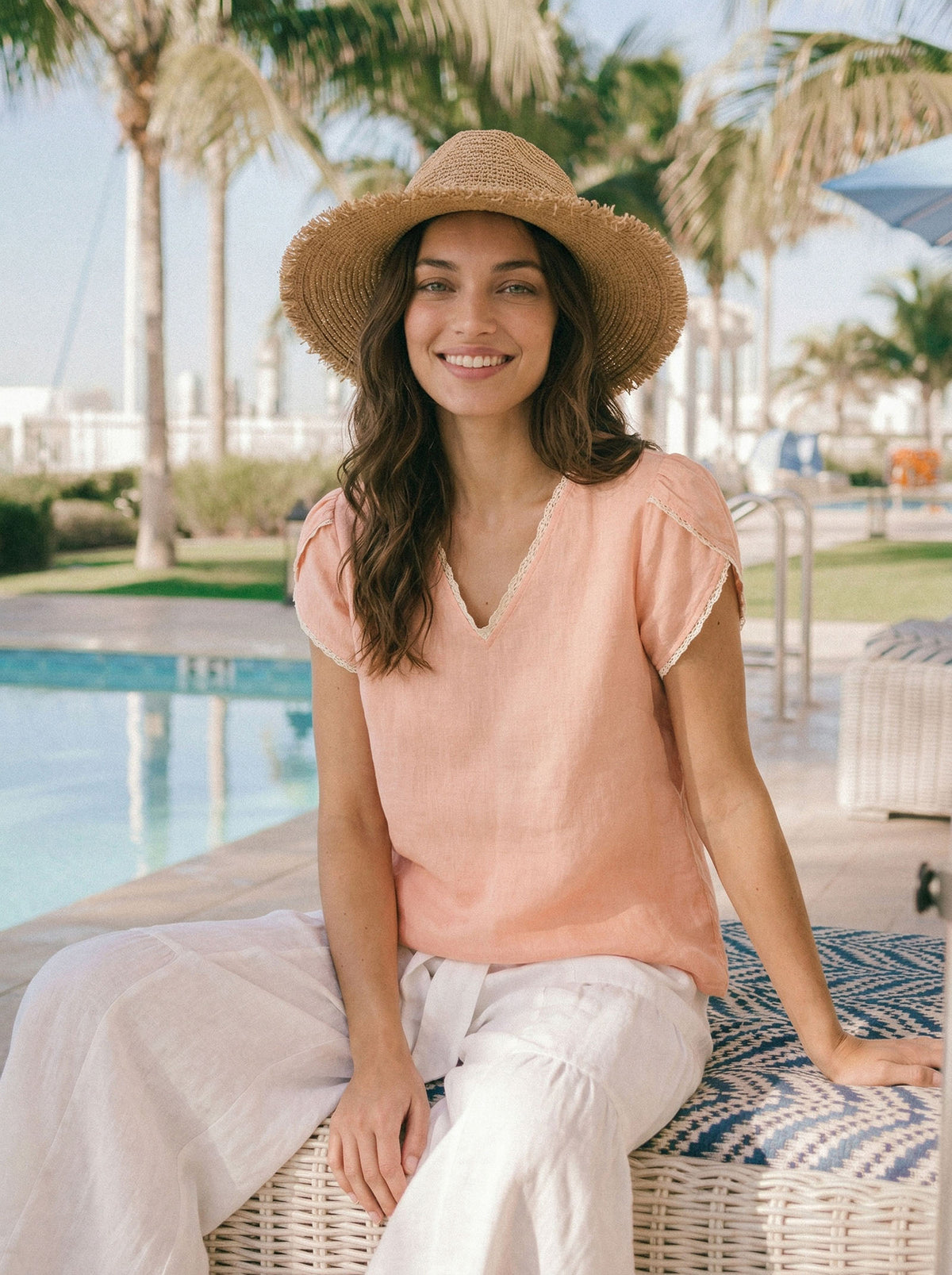 100% Linen Lace-Trim Puff-Sleeve Top NIA by LINTICO for women