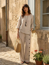 100% Linen Asymmetric-Hem Button-Trim Top NYLA by LINTICO for women