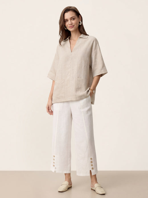 100% Linen Camp-Collar Patch-Pocket Top BRENNA