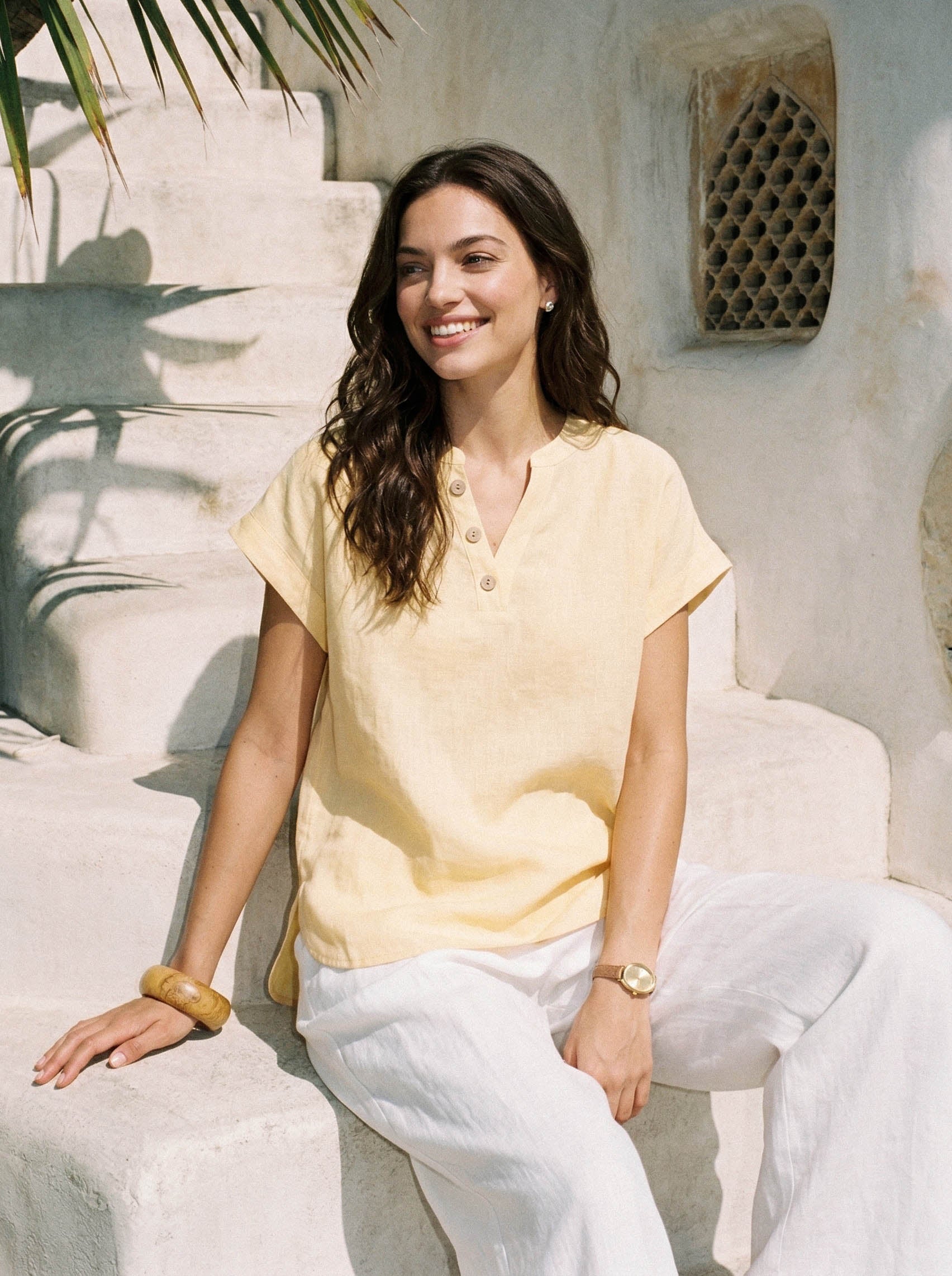 100% Linen Stand-Collar Curved-Hem Top CRESSA by LINTICO for women