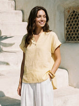 100% Linen Stand-Collar Curved-Hem Top CRESSA by LINTICO for women