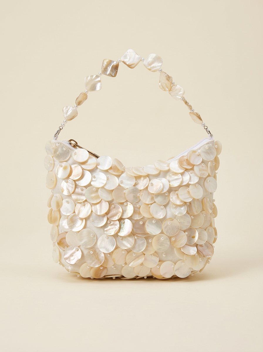 Luxe Handcrafted Mother Pearl Disc Clutch Special Occassion & Summer Vacations