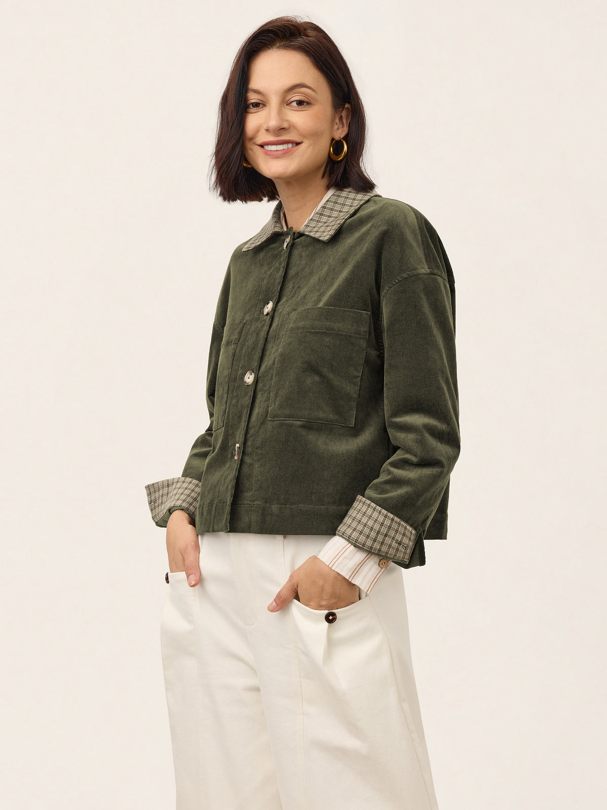 Contrast Check Collar Cropped Jacket FLORENZA product image