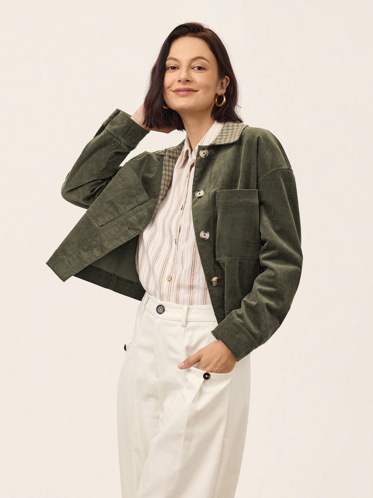 Contrast Check Collar Cropped Jacket FLORENZA product image