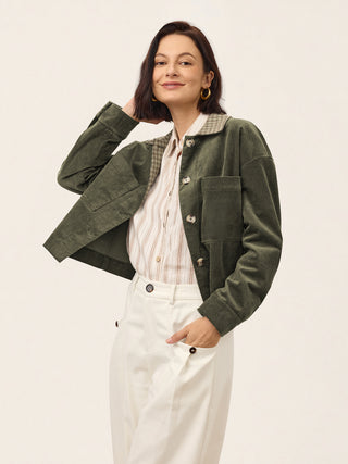 Cotton Lyocell Contrast Check Collar Cropped Jacket FLORENZA