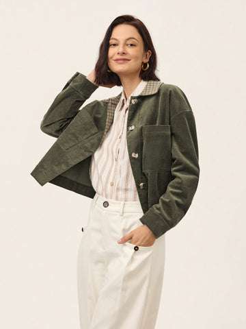 Cotton Lyocell Contrast Check Collar Cropped Jacket FLORENZA
