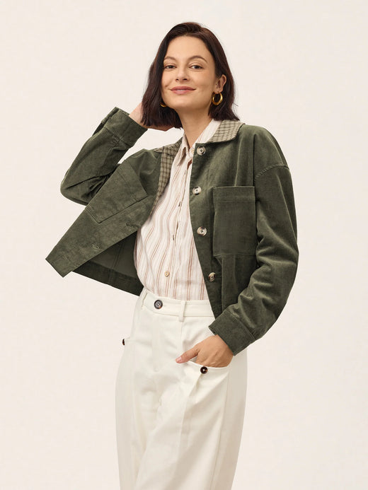 Contrast Check Collar Cropped Jacket FLORENZA