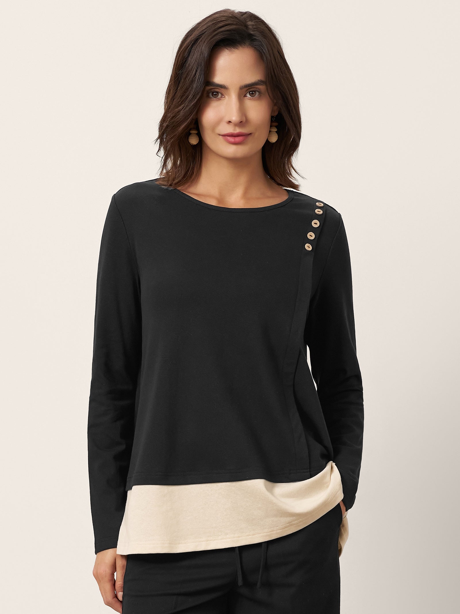 Cotton-Linen Contrast Panel Long Sleeve Top SILVIA