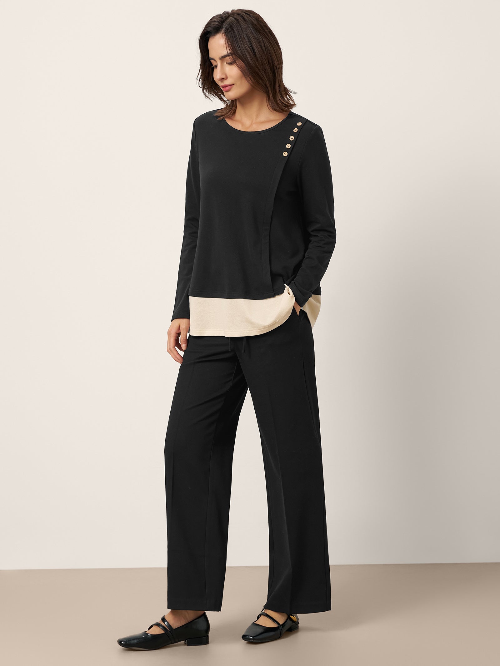 Cotton-Linen Contrast Panel Long Sleeve Top SILVIA