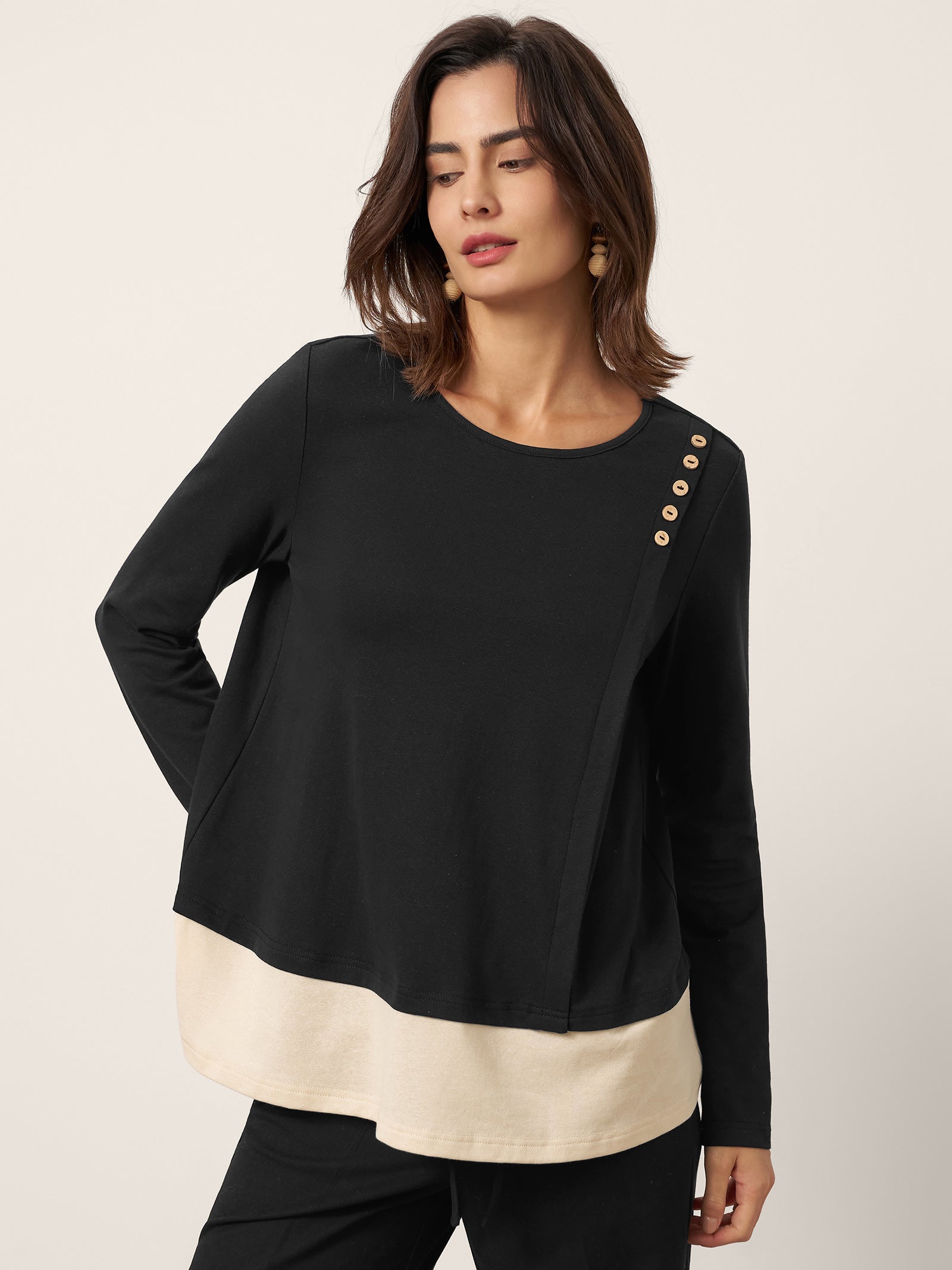 Cotton-Linen Contrast Panel Long Sleeve Top SILVIA