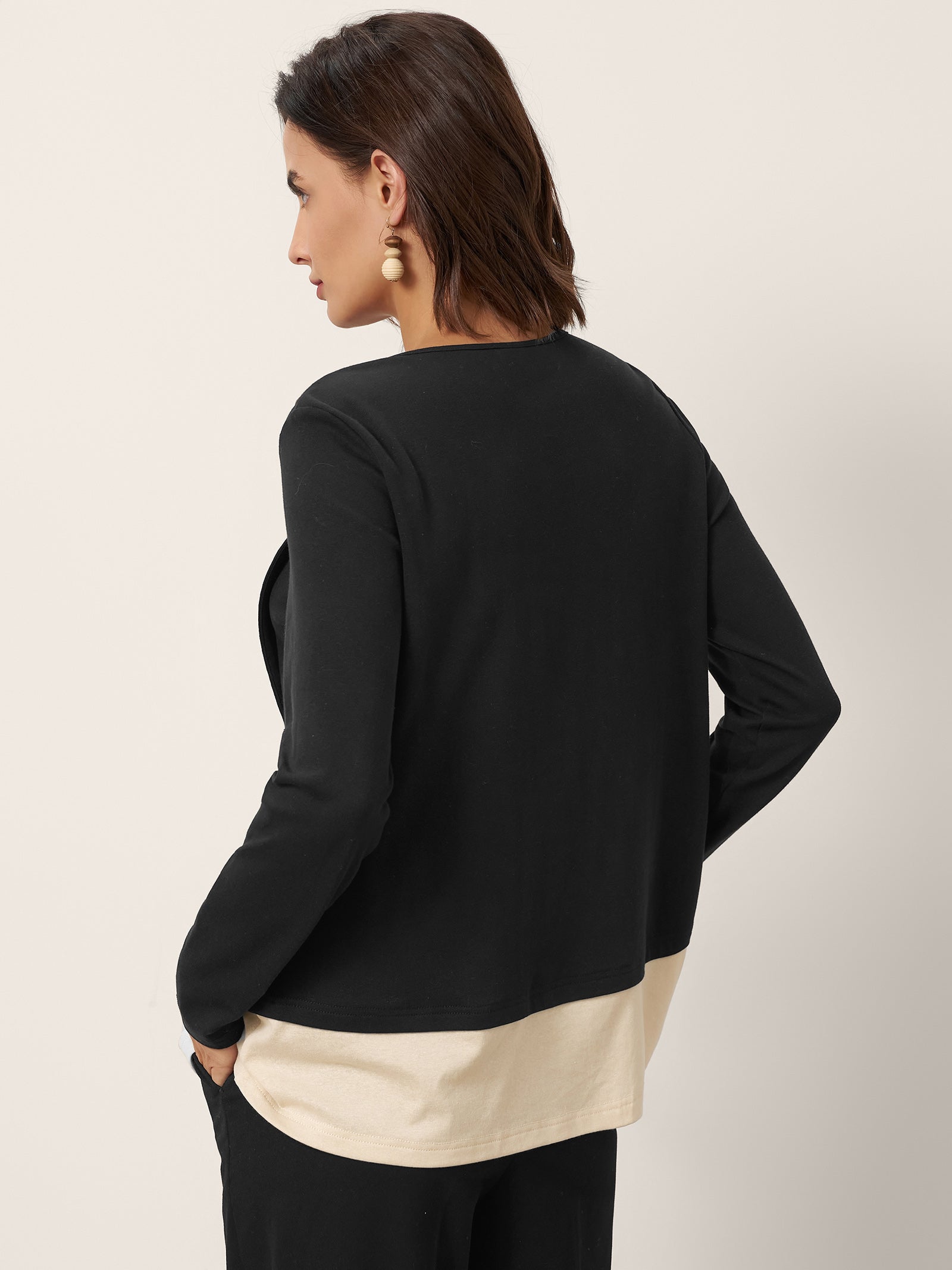 Cotton-Linen Contrast Panel Long Sleeve Top SILVIA