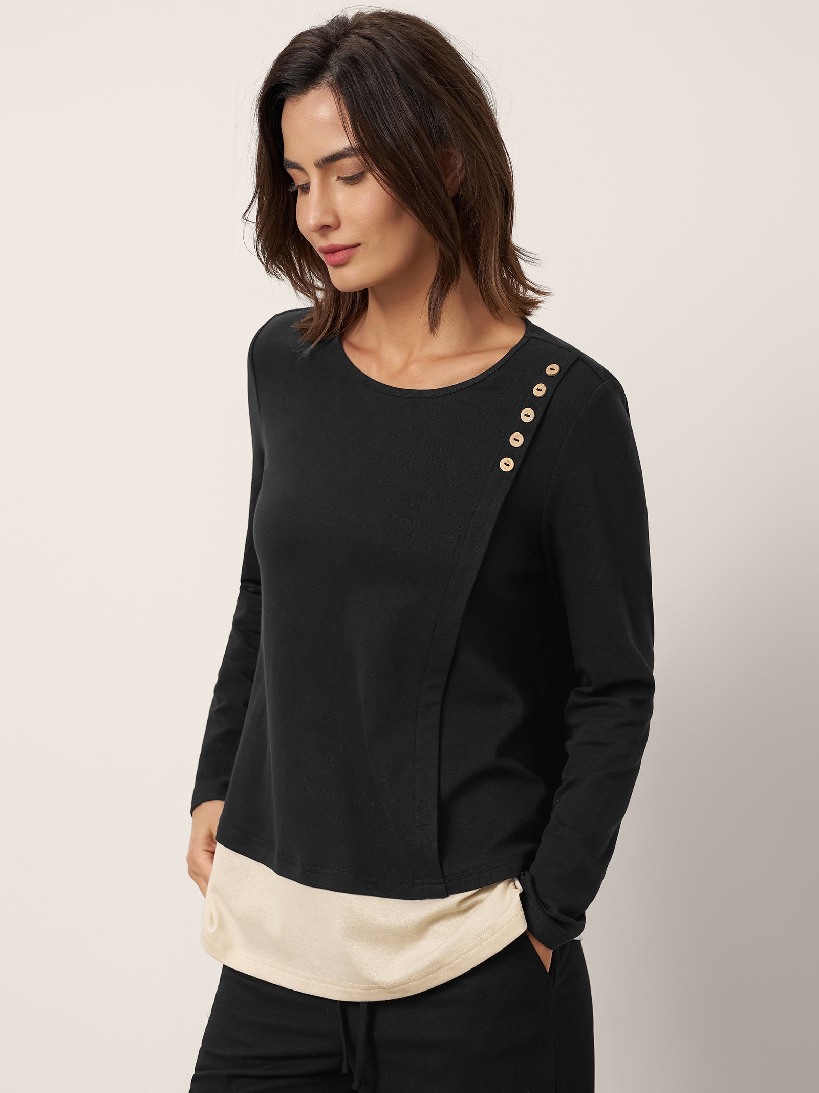 Cotton-Linen Contrast Panel Long Sleeve Top SILVIA