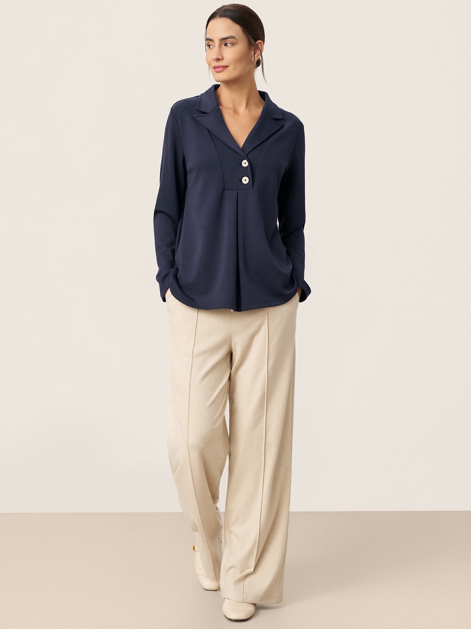 Cotton Notched Pleat Long Sleeve Top JUNE