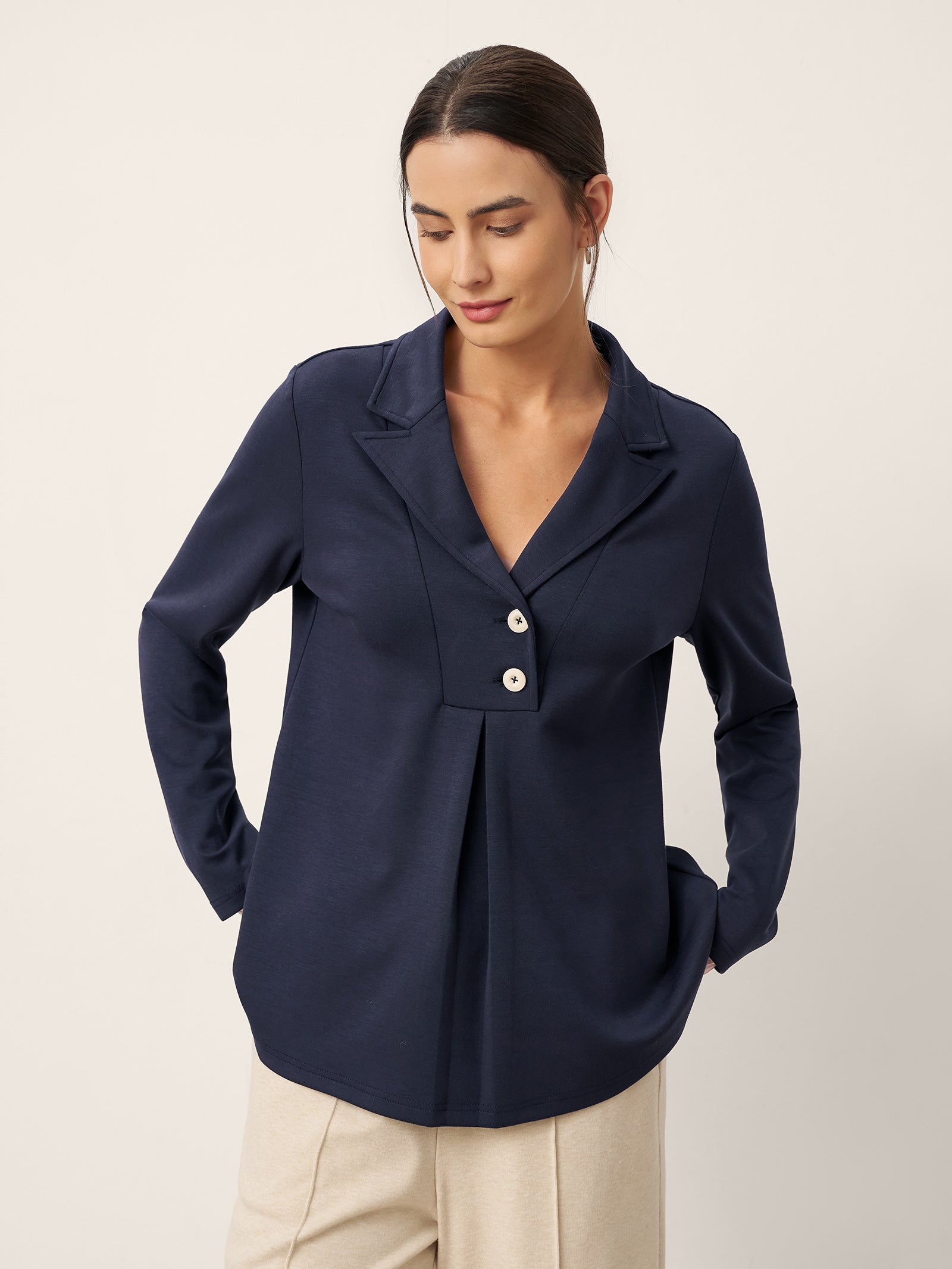 Cotton Notched Pleat Long Sleeve Top JUNE