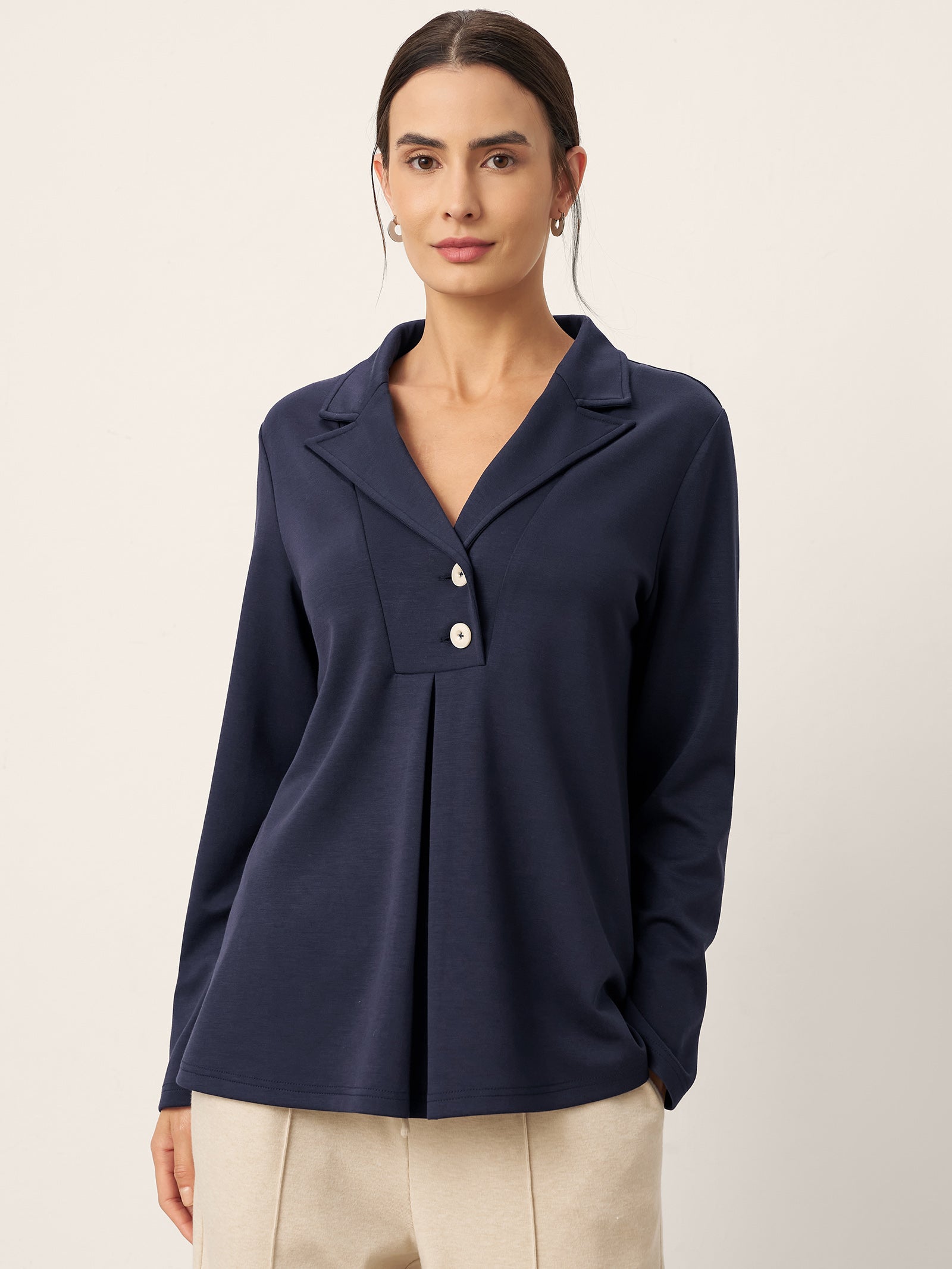 Cotton Notched Pleat Long Sleeve Top JUNE
