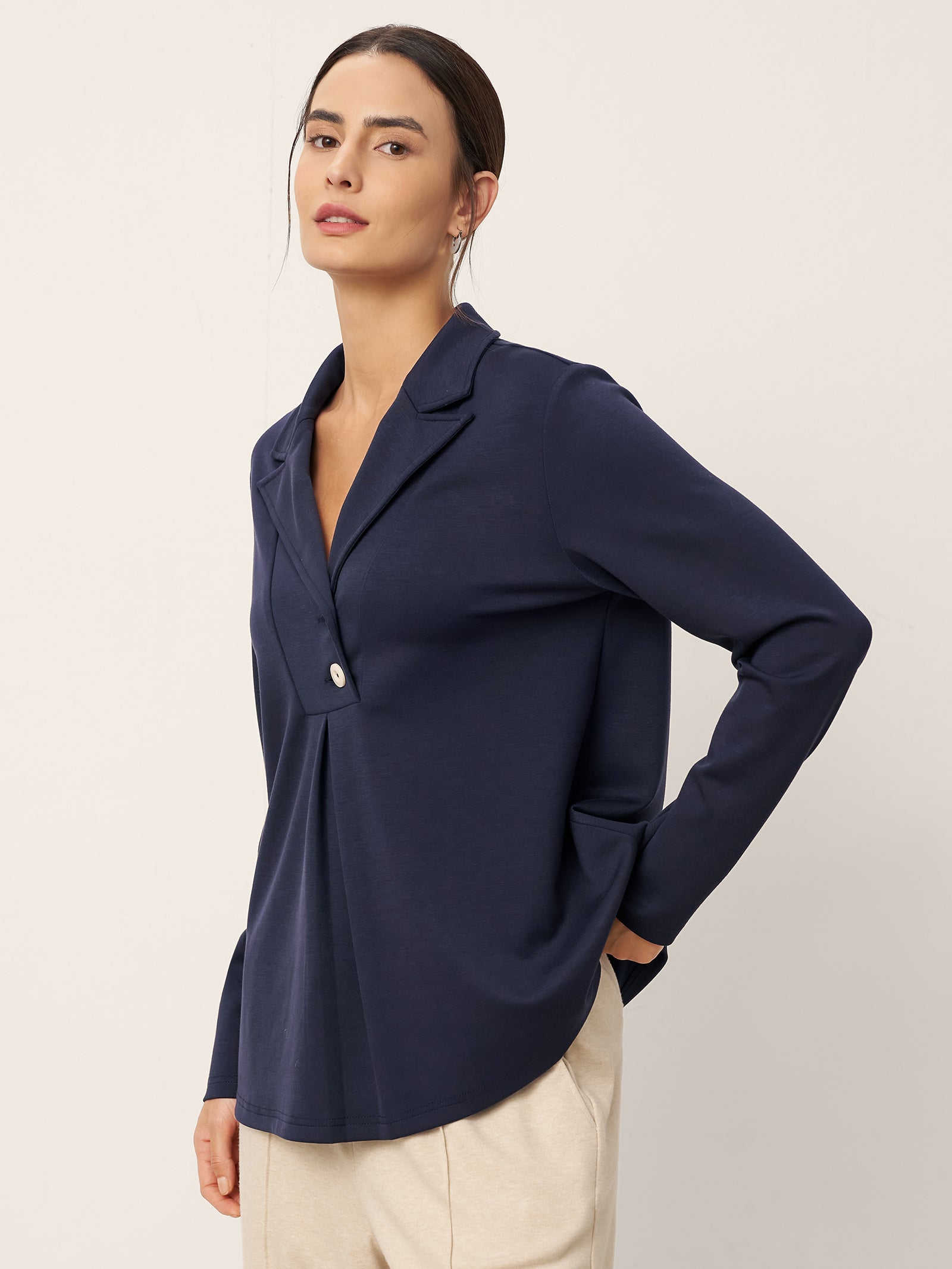 Cotton Notched Pleat Long Sleeve Top JUNE