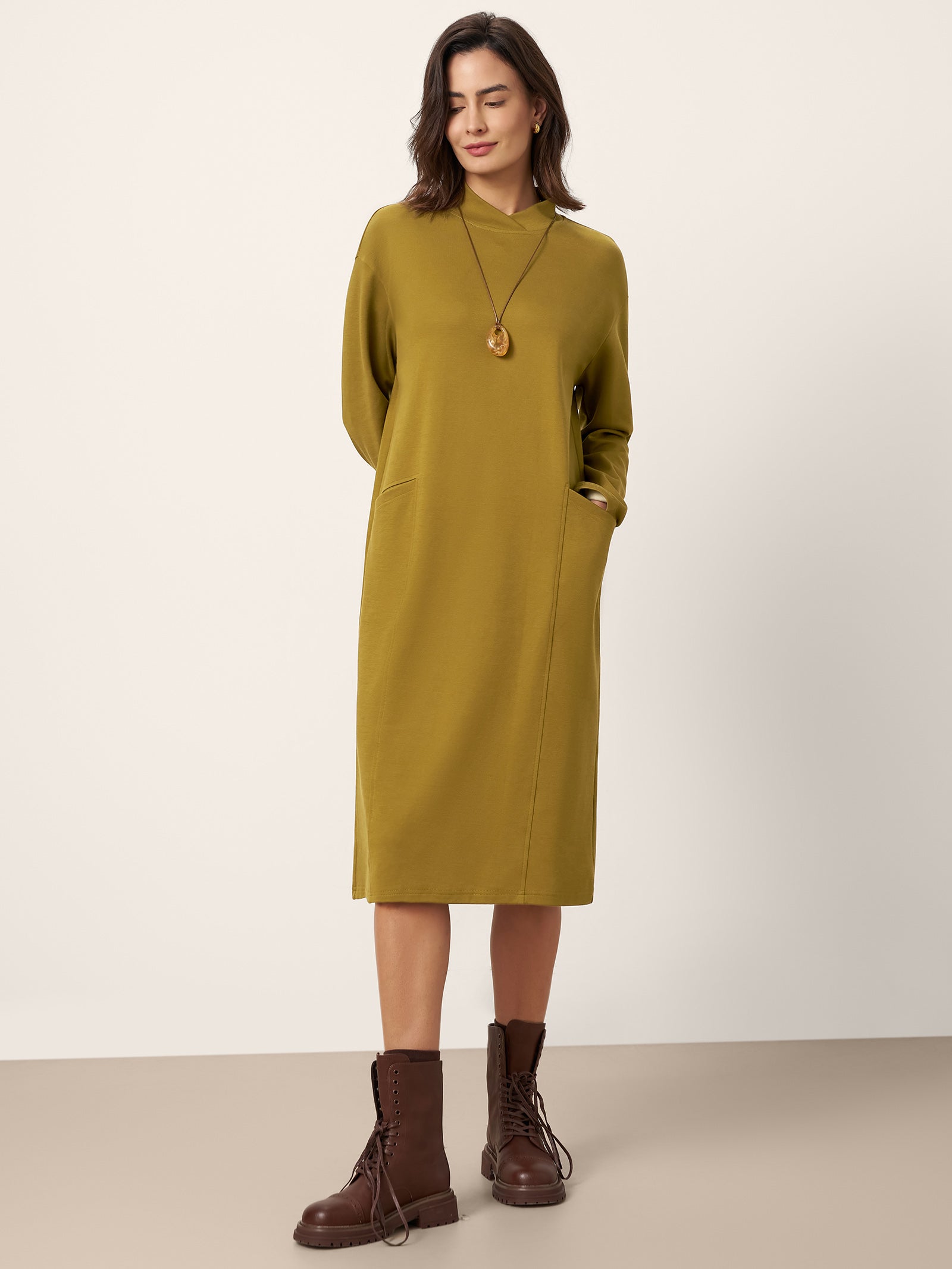 Cotton Overlap Collar Midi Dress ALANI