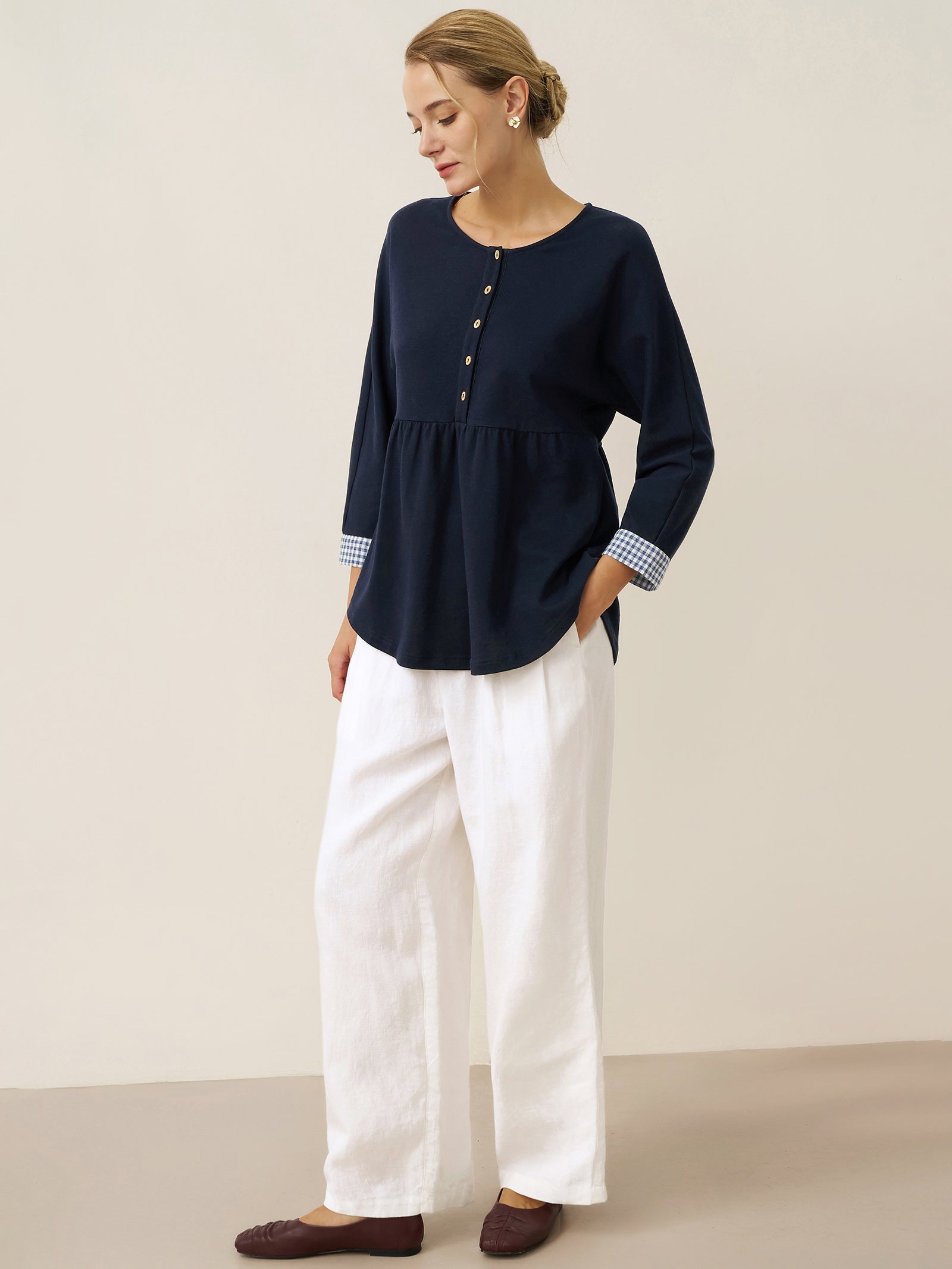Organic Cotton Patchwork Cuff Button Decor Top AUDREY by LINTICO for women