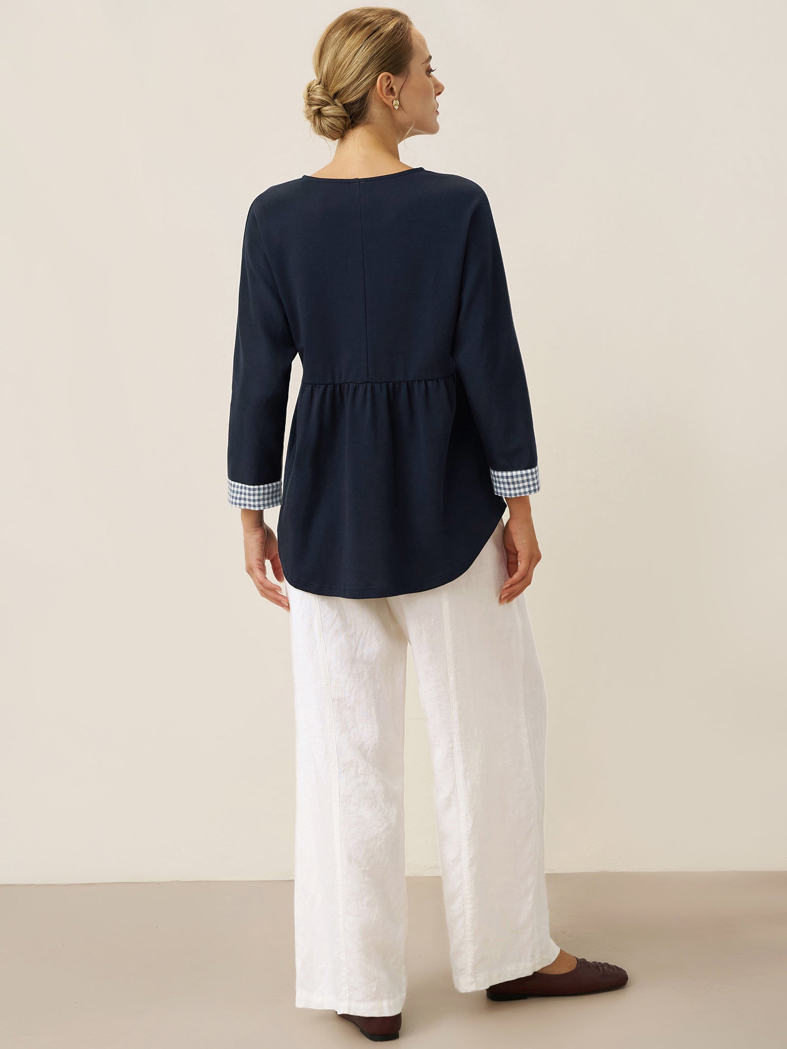 Organic Cotton Patchwork Cuff Button Decor Top AUDREY by LINTICO for women