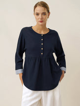 Organic Cotton Patchwork Cuff Button Decor Top AUDREY by LINTICO for women