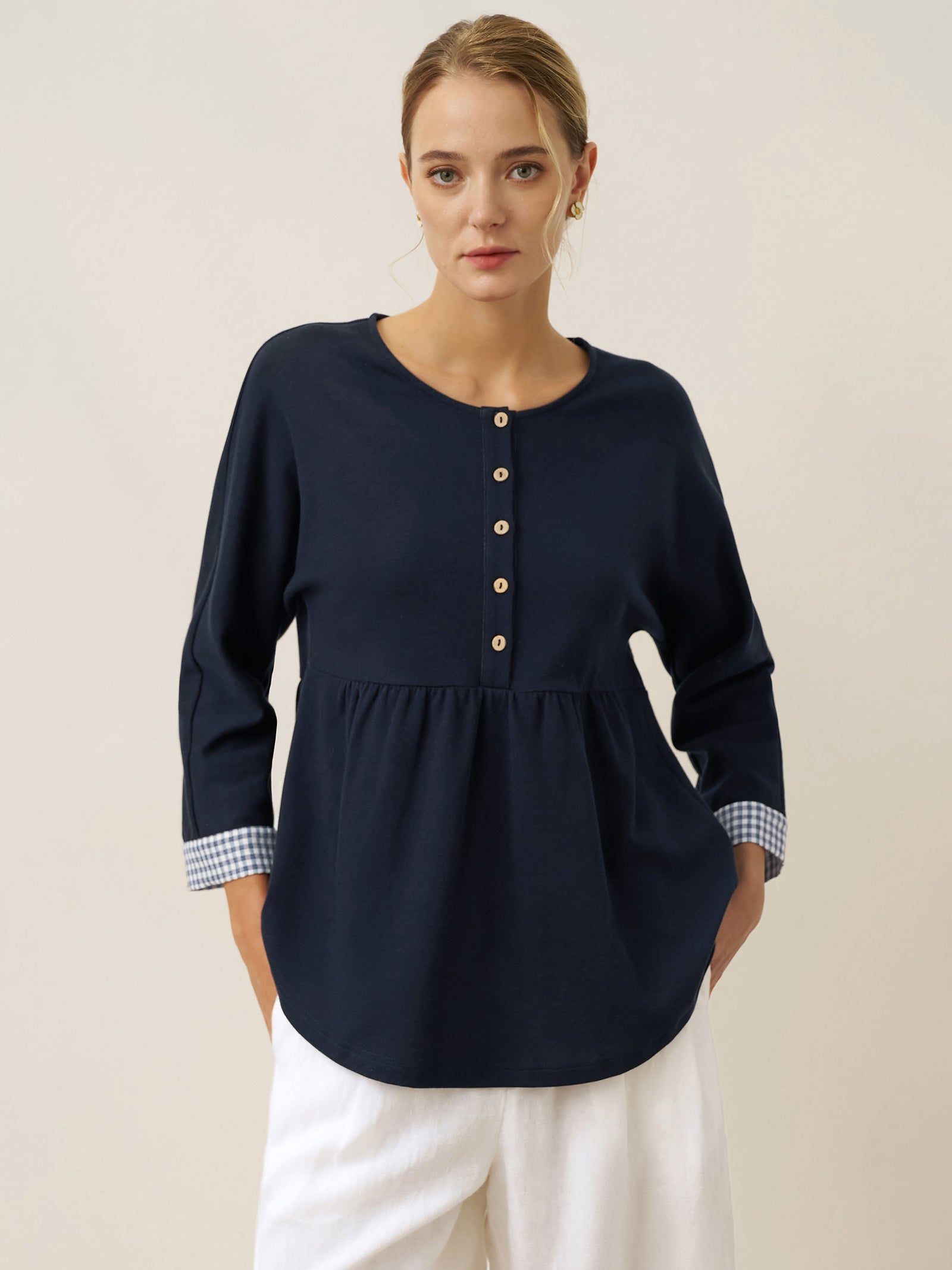 Organic Cotton Patchwork Cuff Button Decor Top AUDREY by LINTICO for women