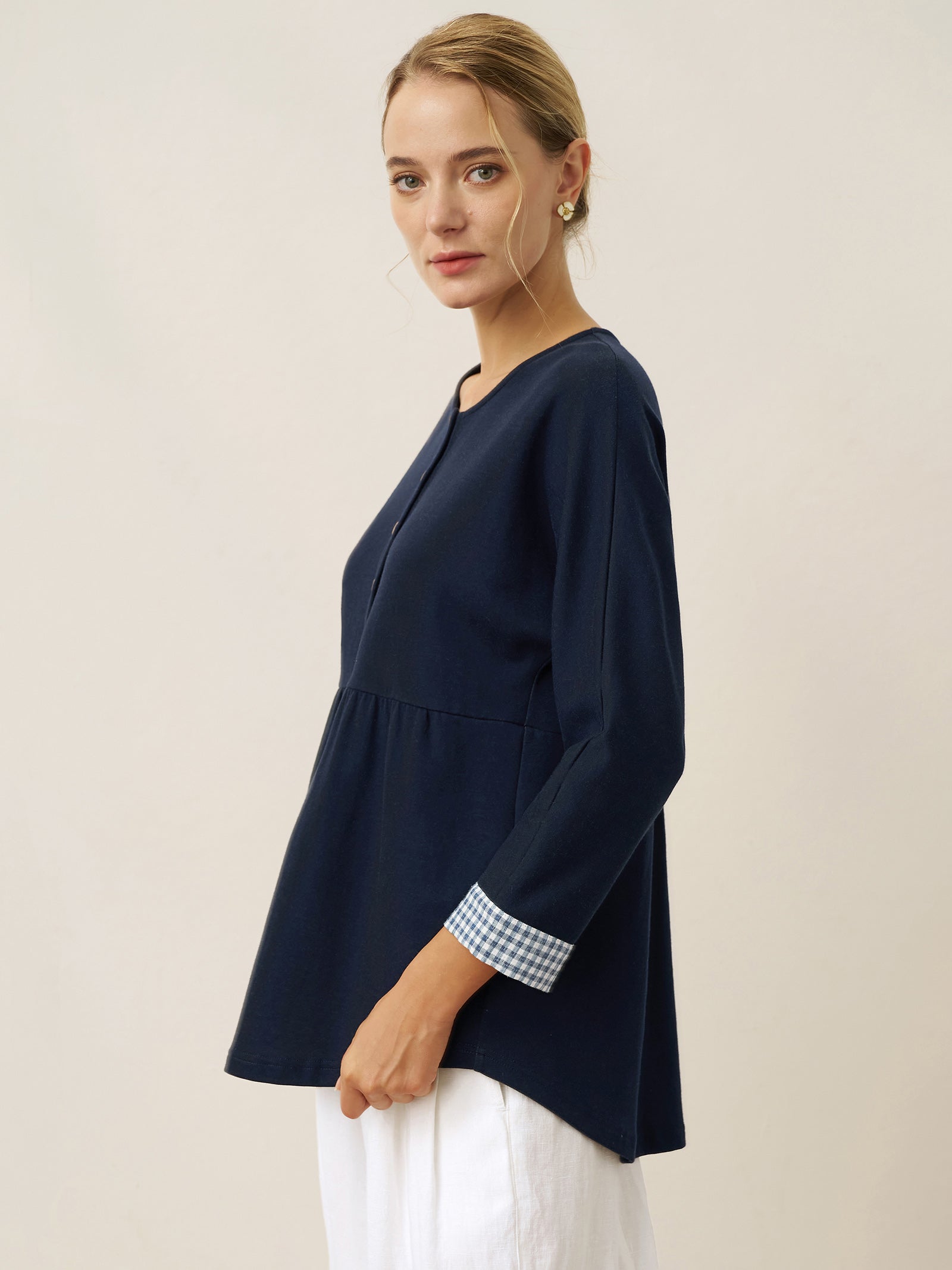 Organic Cotton Patchwork Cuff Button Decor Top AUDREY by LINTICO for women