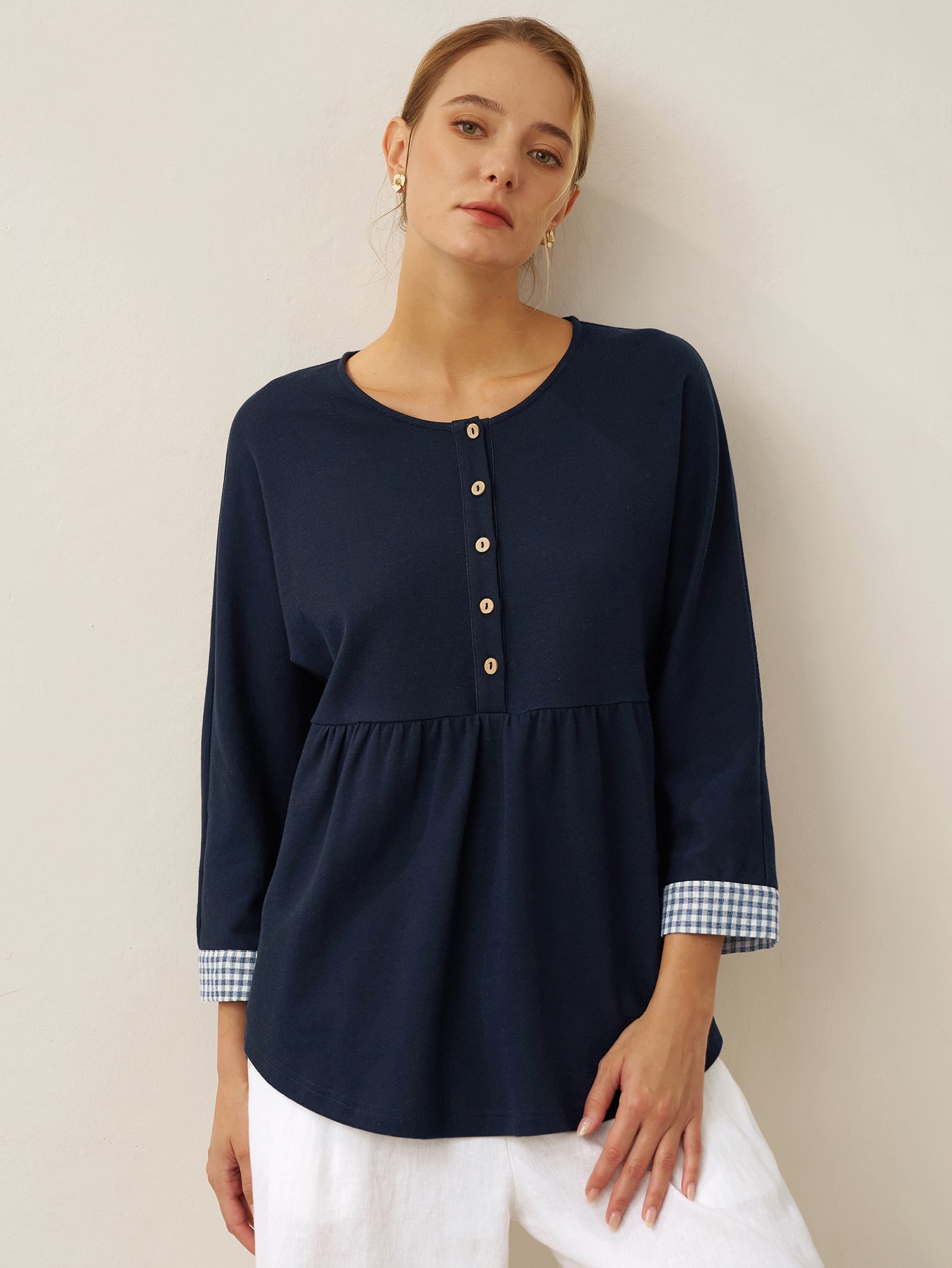 Organic Cotton Patchwork Cuff Button Decor Top AUDREY