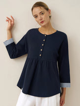 Organic Cotton Patchwork Cuff Button Decor Top AUDREY by LINTICO for women