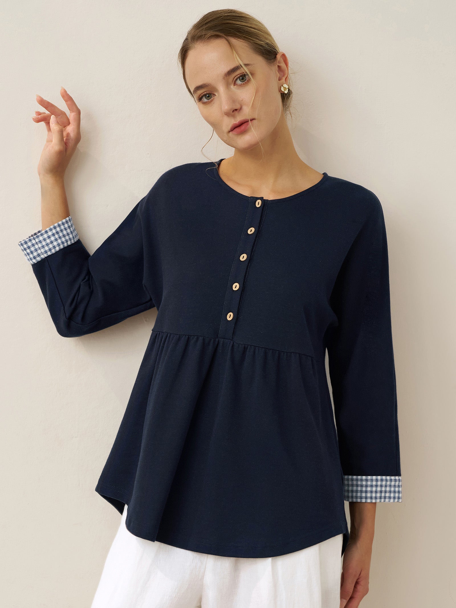 Organic Cotton Patchwork Cuff Button Decor Top AUDREY by LINTICO for women