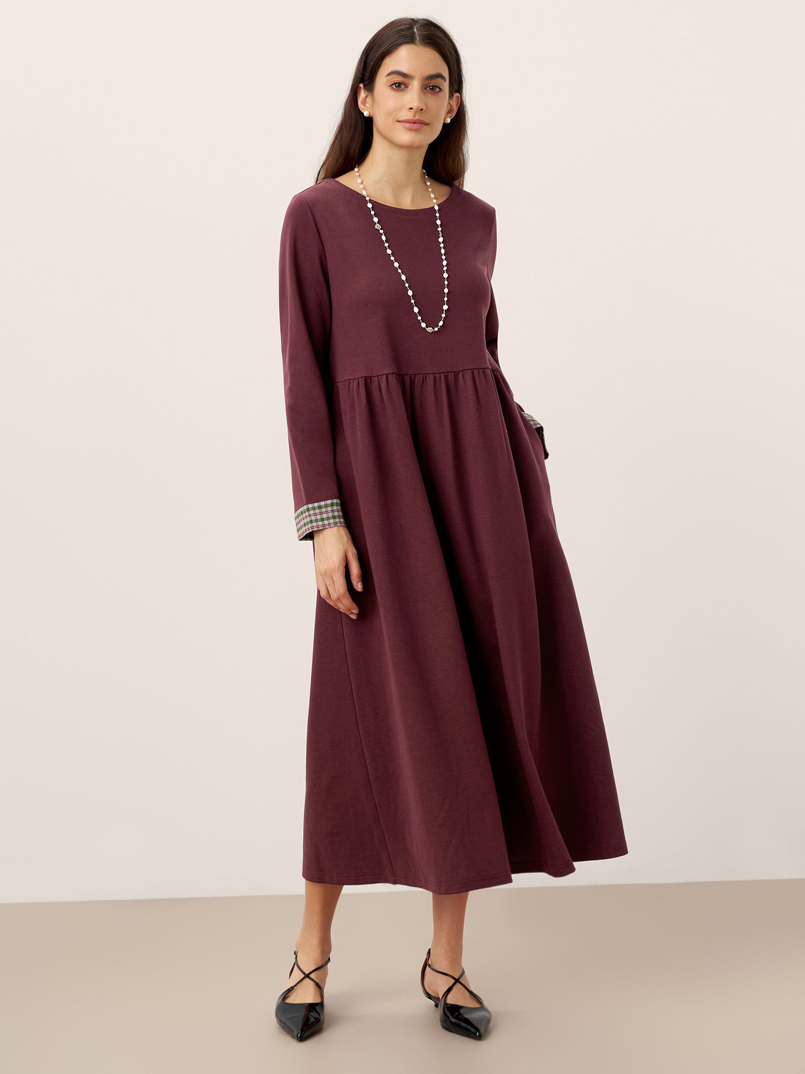 Organic Cotton Patchwork Cuff Crew Neck Casual Maxi Dress SCARLETT
