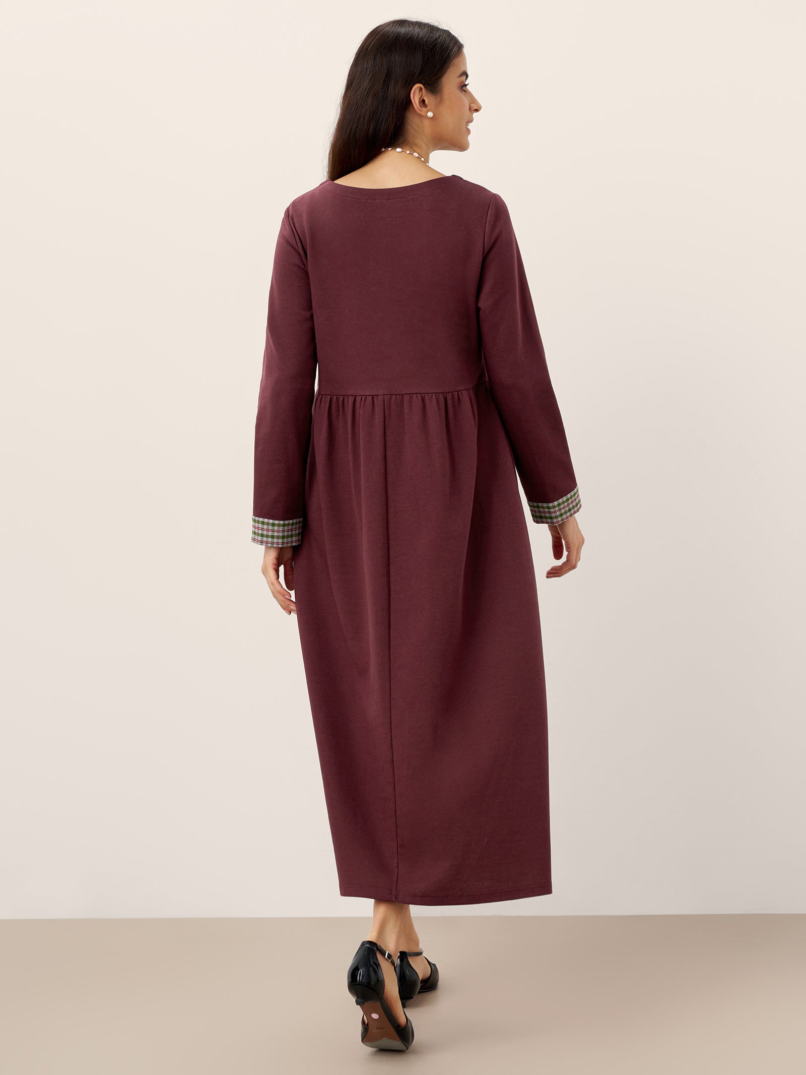 Organic Cotton Patchwork Cuff Crew Neck Casual Midi Dress SCARLETT by LINTICO for women