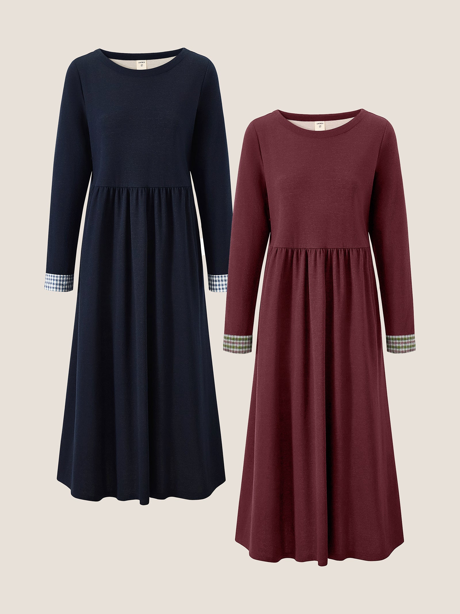 Organic Cotton Patchwork Cuff Crew Neck Casual Midi Dress SCARLETT by LINTICO for women