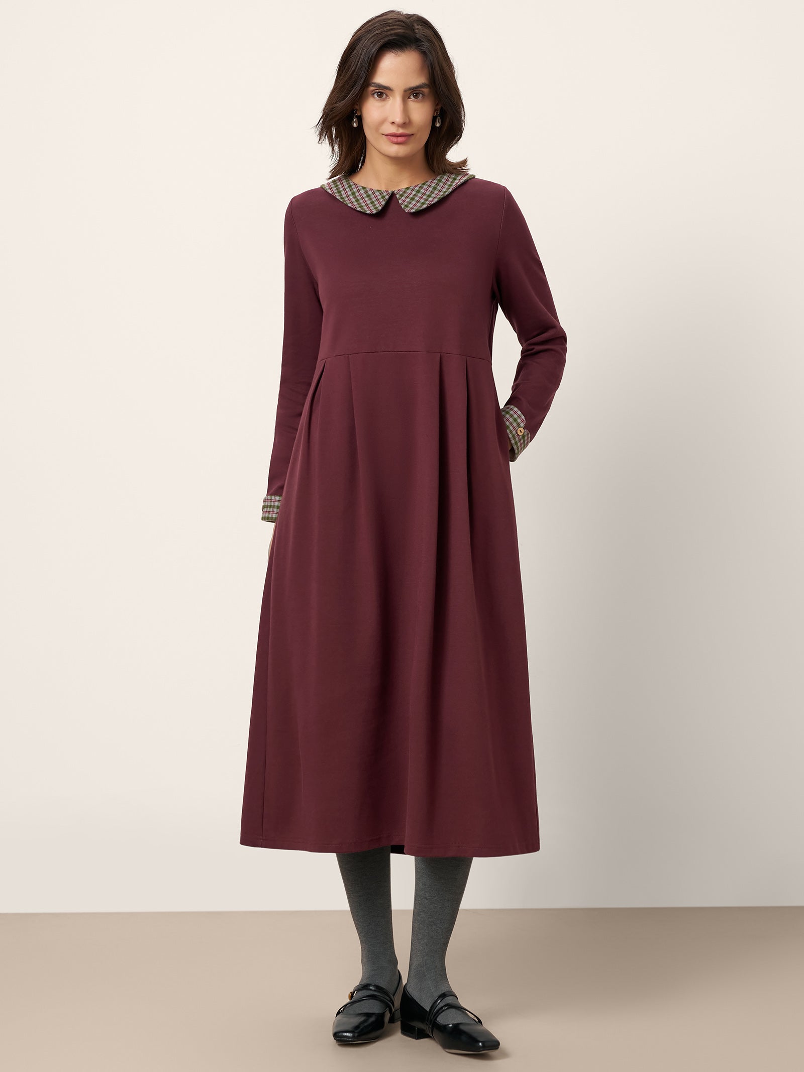 Cotton Plaid Peter Pan Collar Midi Dress CARLA