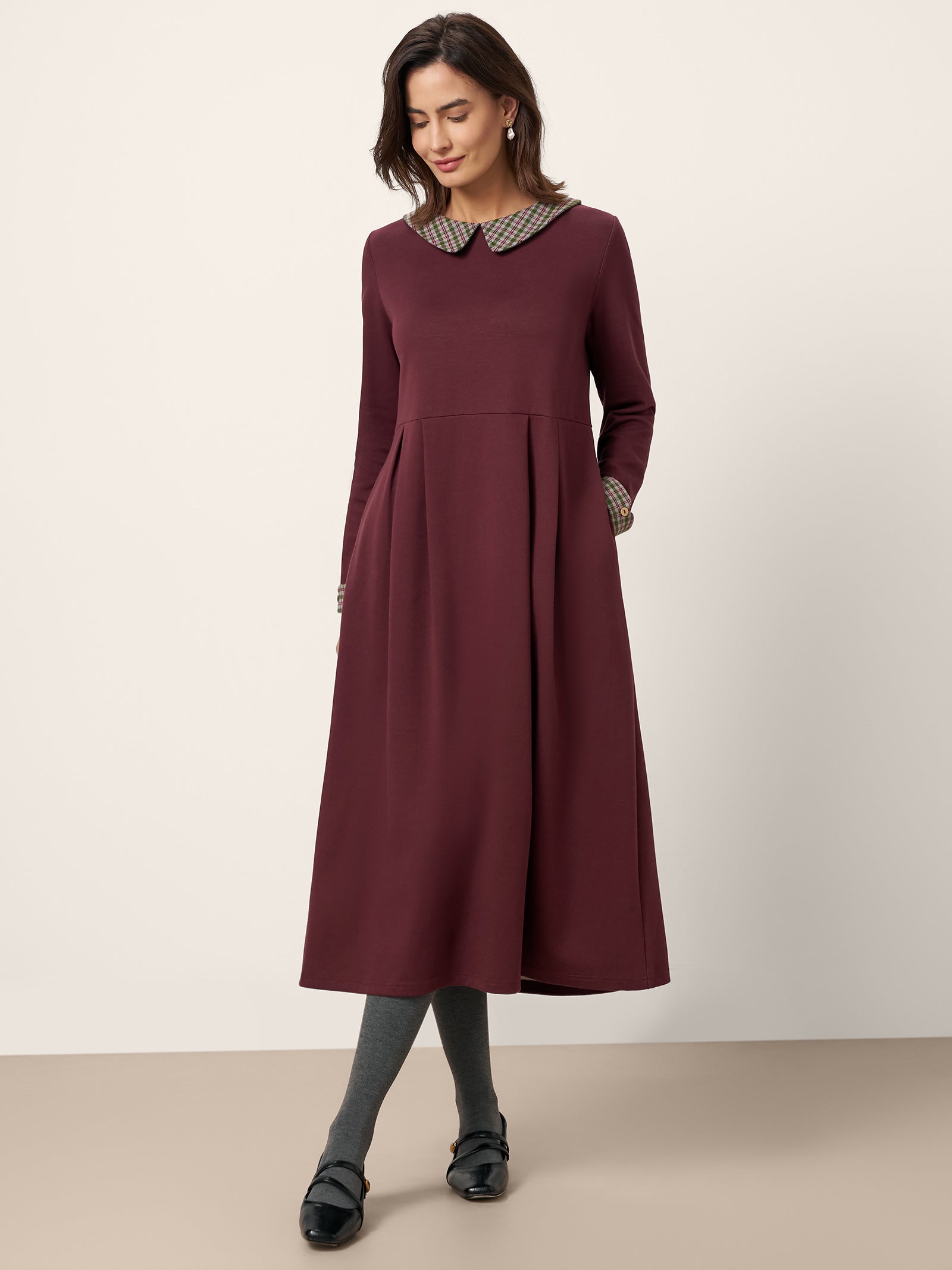 Cotton Plaid Peter Pan Collar Midi Dress CARLA